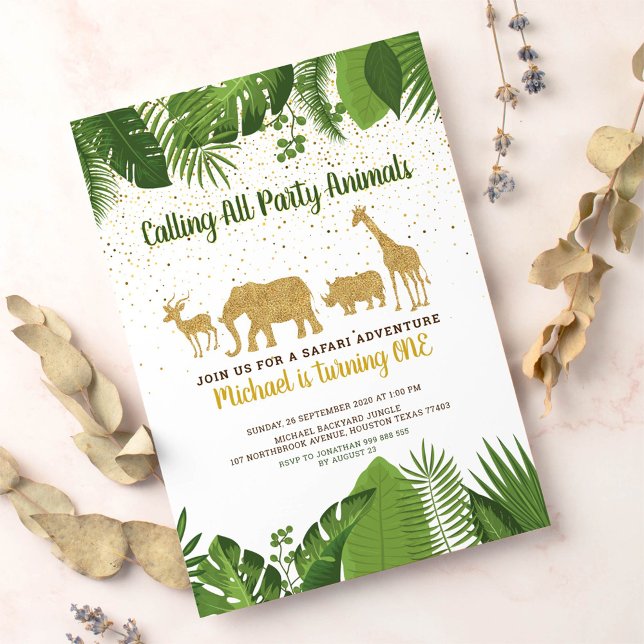 Gold Glitter Safari Animal Birthday Invitation (Creator Uploaded)