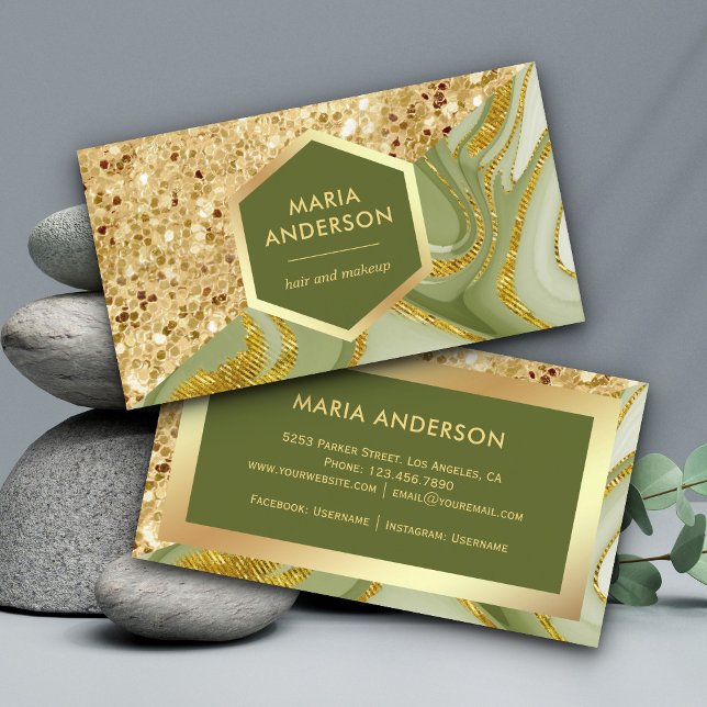 Gold Glitter Sage Green Marble Makeup Artist Business Card (Creator Uploaded)