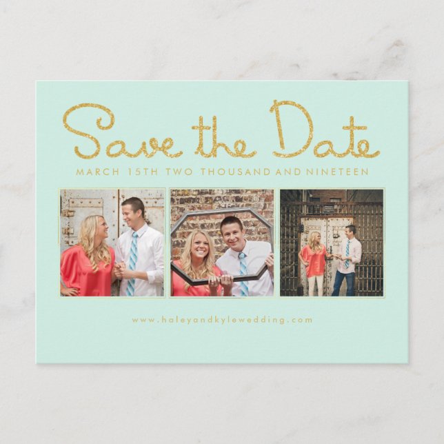 Gold Glitter Save the Date Mint Script Photo cards (Front)