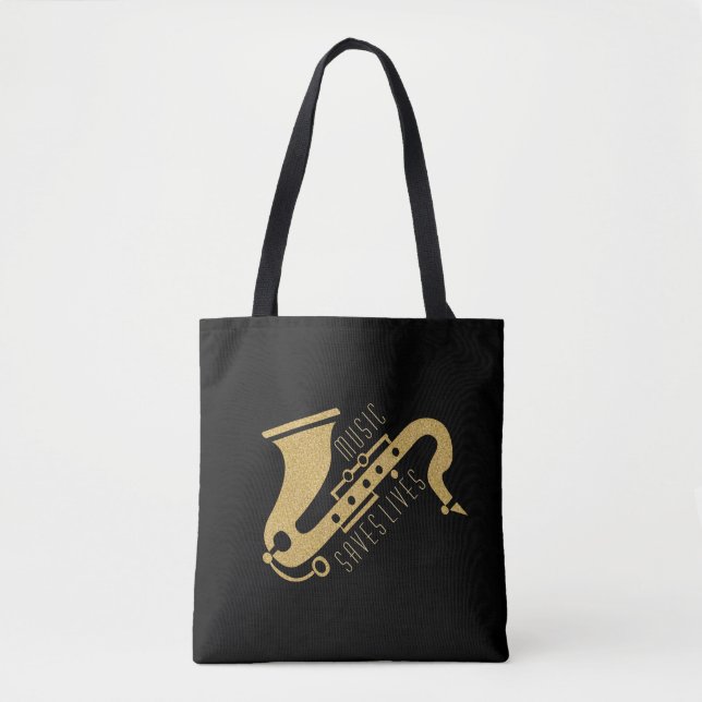 Gold Glitter Saxophon Illustration Custom text Tot Tote Bag (Front)