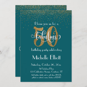 Gold Glitter & Script 50 & Fabulous, Dark Teal Invitation
