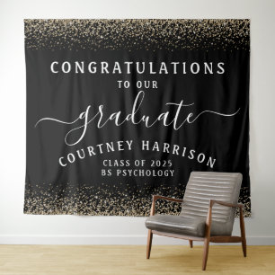 Gold Glitter Script Calligraphy Graduation Black Tapestry