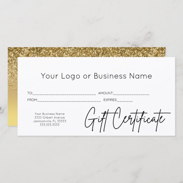 Gold Glitter Script Logo Business Gift Certificate (Front/Back)