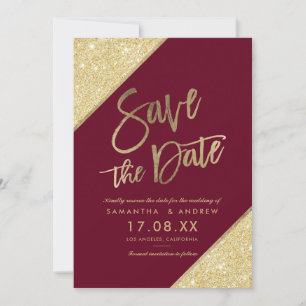 Gold glitter script marsala red save the date