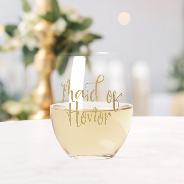 Gold Glitter Script Name Date Maid of Honour Gift Stemless Wine Glass (Insitu (Wedding))