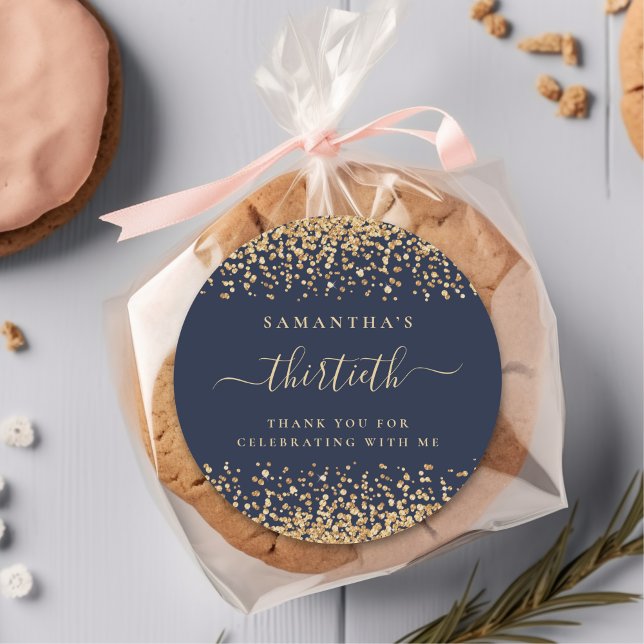 Gold Glitter Script Navy Blue 30th Party Thank You Classic Round Sticker (Creator Uploaded)