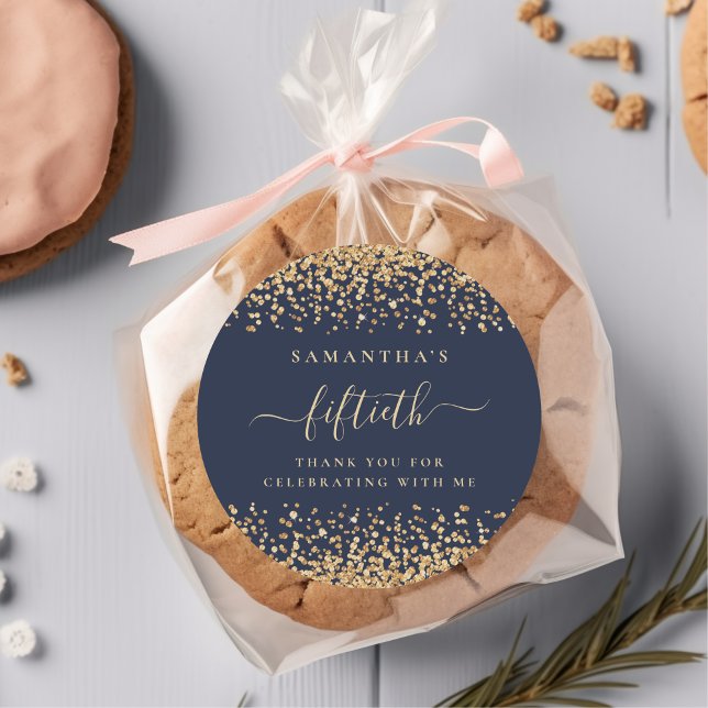 Gold Glitter Script Navy Blue 50th Party Thank You Classic Round Sticker (Creator Uploaded)