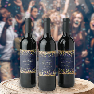Gold Glitter Script Navy Blue Cheers 30th Party  Wine Label