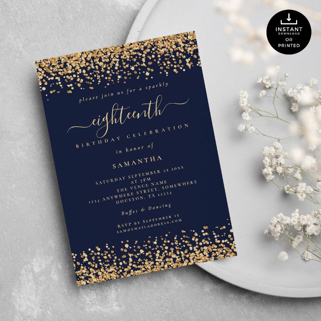 Gold Glitter Script Navy Blue Glam 18th Party Invitation (Creator Uploaded)