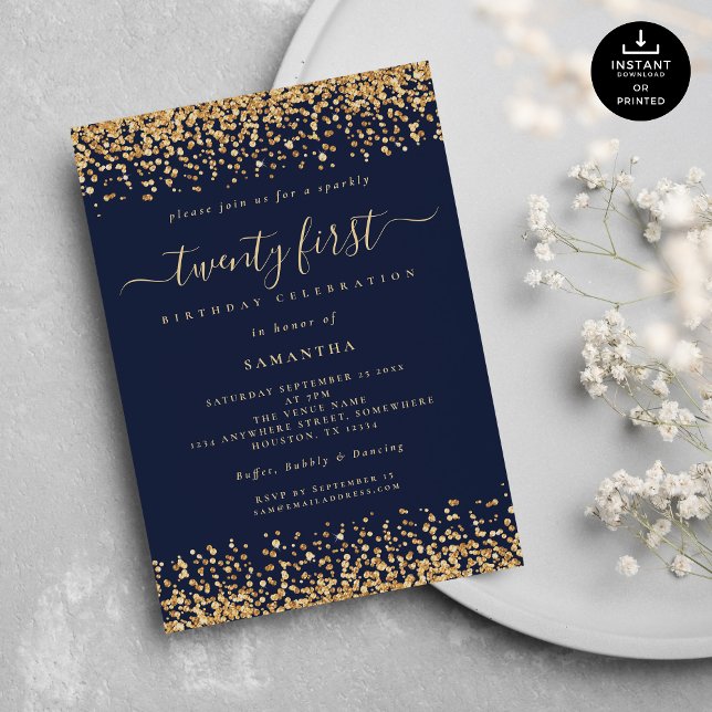 Gold Glitter Script Navy Blue Glam 21st Party Invitation (Creator Uploaded)