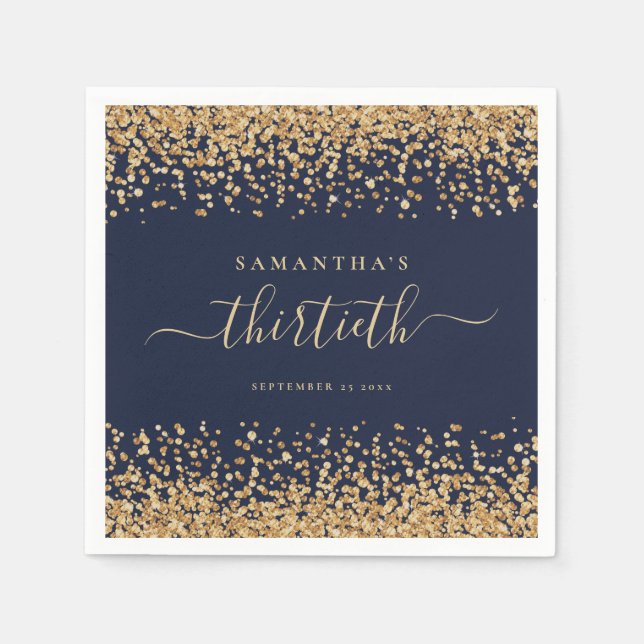 Gold Glitter Script Navy Blue Glam 30th Party Napkin (Front)