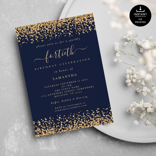Gold Glitter Script Navy Blue Glam 40th Party Invitation (Creator Uploaded)
