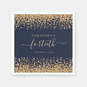 Gold Glitter Script Navy Blue Glam 40th Party Napkin