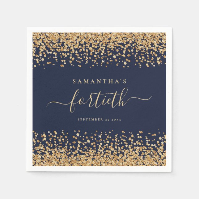Gold Glitter Script Navy Blue Glam 40th Party Napkin (Front)
