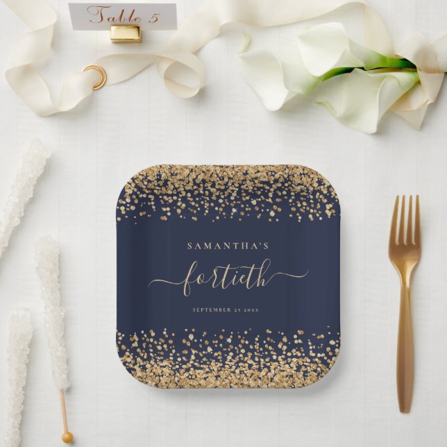 Gold Glitter Script Navy Blue Glam 40th Party Paper Plate (Wedding)