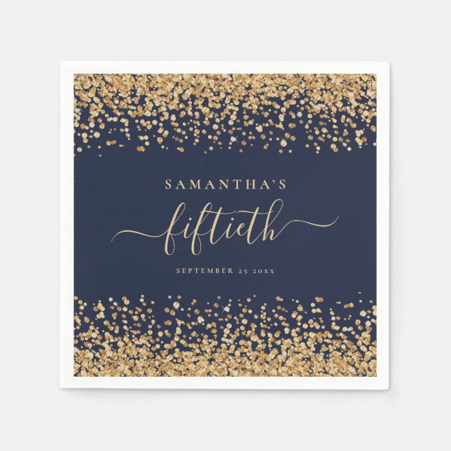 Gold Glitter Script Navy Blue Glam 50th Party Napkin (Front)