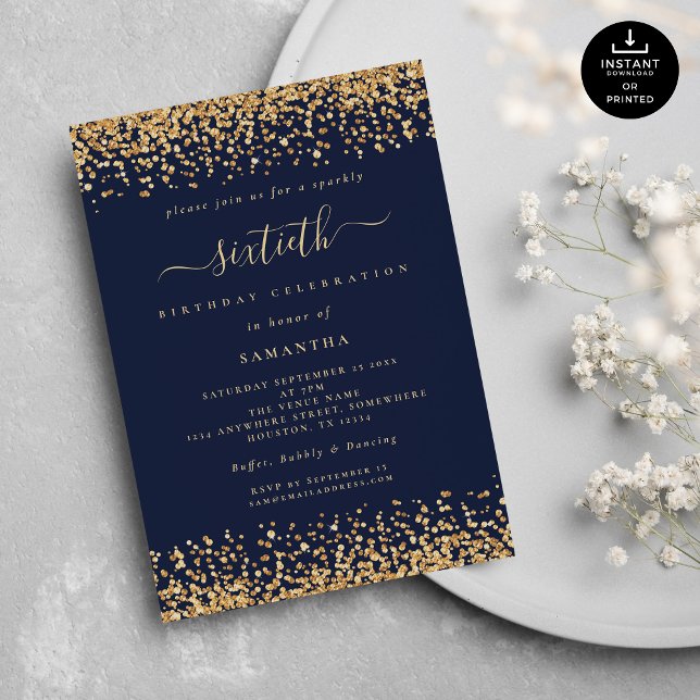 Gold Glitter Script Navy Blue Glam 60th Party Invitation (Creator Uploaded)