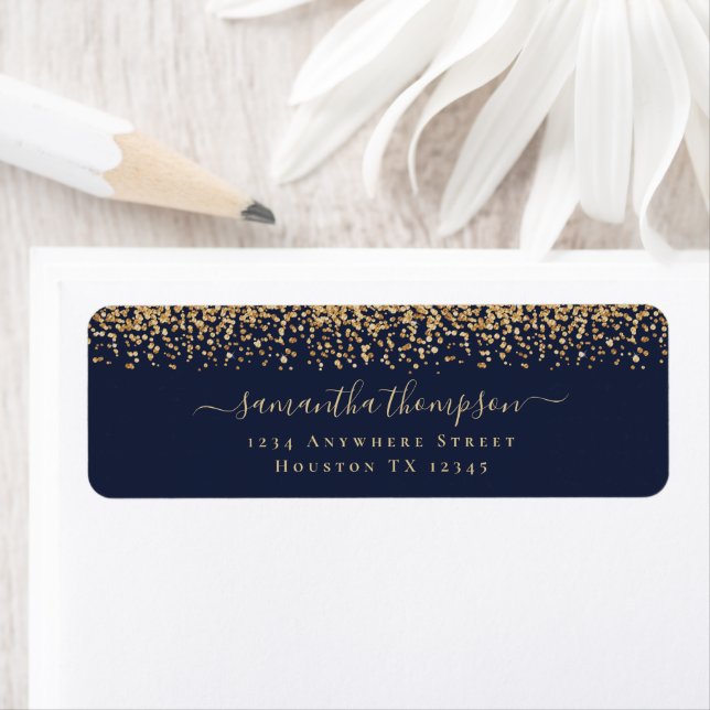 Gold Glitter Script Navy Blue Name Return Address Label (Insitu)