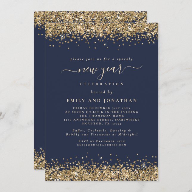 Gold Glitter Script Navy Blue New Years Eve Party Invitation (Front/Back)