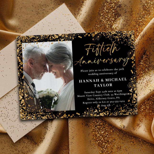 Gold Glitter Script Photo 50th Wedding Anniversary Invitation (Creator Uploaded)