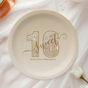 Gold Glitter Script Sweet 16 Birthday Paper Plate