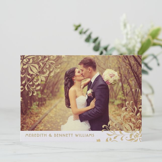 Gold Glitter Scrollwork Monogram Wedding Photo Thank You Card (Standing Front)