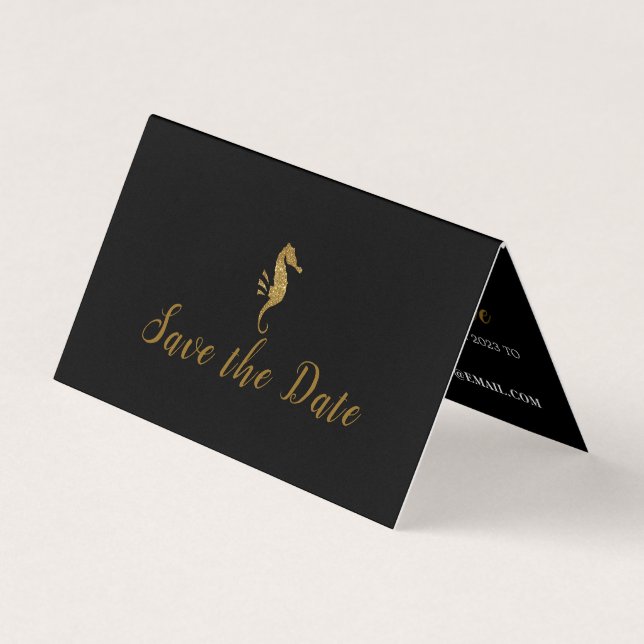 Gold Glitter Seahorse, Photo Save the Date Card (Front)