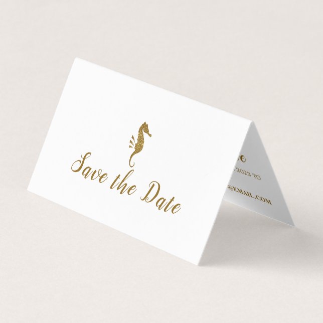 Gold Glitter Seahorse, Photo Save the Date Card (Front)