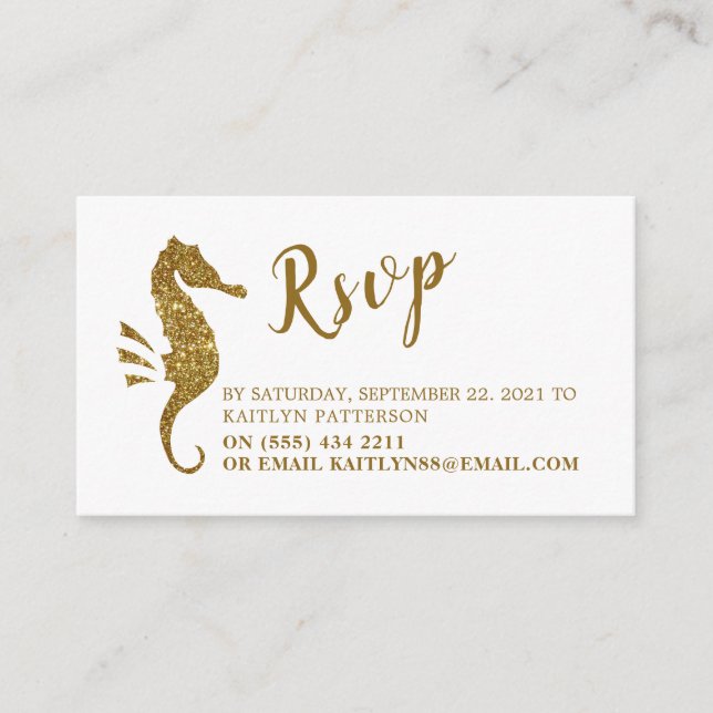Gold Glitter Seahorse RSVP Enclosure Card (Front)
