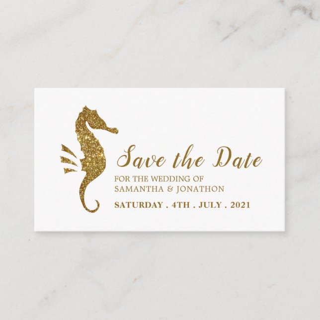 Gold Glitter Seahorse Save the Date Enclosure Card (Front)