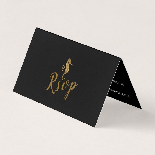 Gold Glitter Seahorse with Photo RSVP Card (Front)
