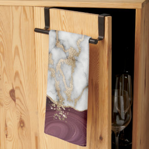 Gold Glitter Shiny White Marble Burgundy Tea Towel