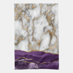 Gold Glitter Shiny White Marble Violet Tea Towel