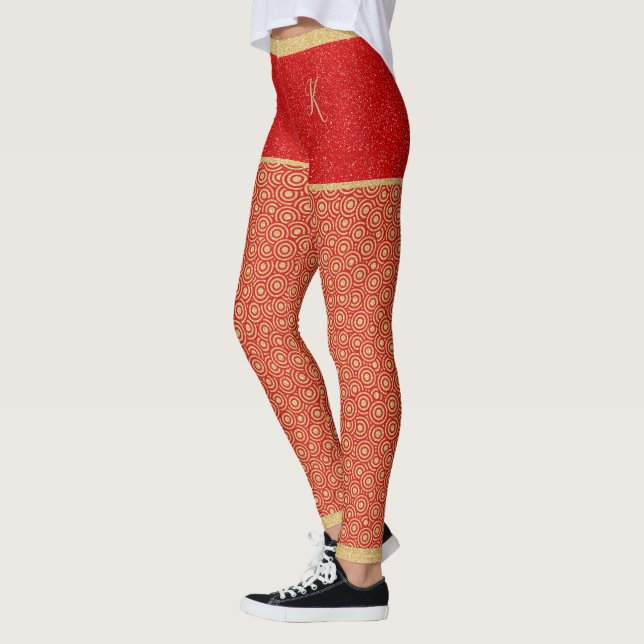 Gold Glitter Shorts, Gold & Red Pattern, Monogram Leggings (Left)