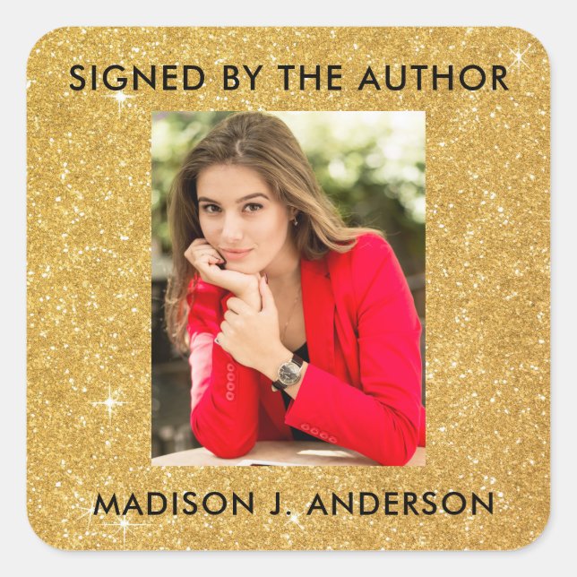 Gold Glitter Signed Copy Author Writer Photo Square Sticker (Front)