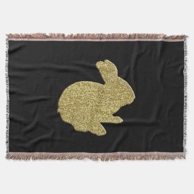 Gold Glitter Silhouette Easter Bunny Throw Blanket (Front)