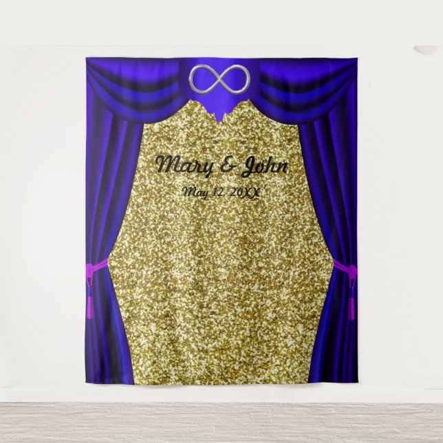 Gold Glitter Silver Infinity Blue Curtain Backdrop Tapestry (Front)