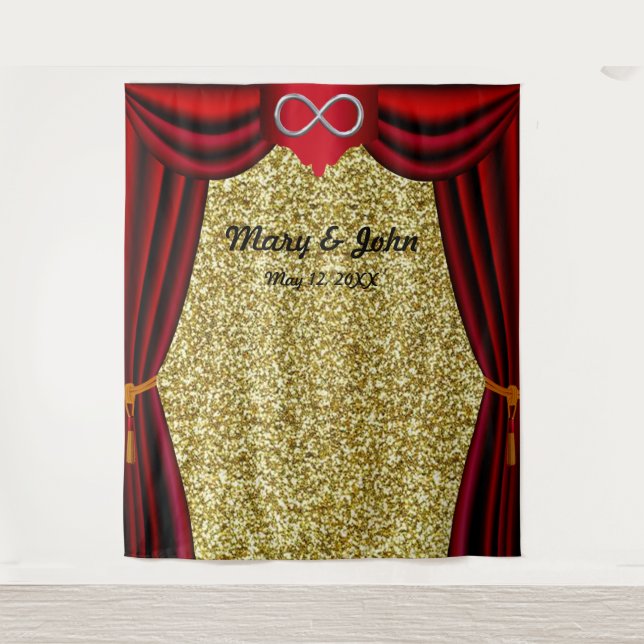 Gold Glitter Silver Infinity Red Curtain Backdrop Tapestry (Front)