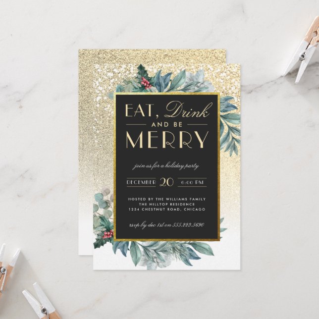 Gold Glitter Snow Eat Drink Be Merry Holiday Party Invitation (Front/Back In Situ)