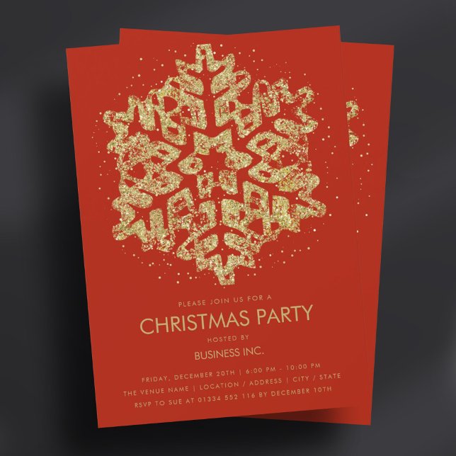 Gold Glitter Snowflake Christmas Party Red  Invitation (Gold Glitter Snowflake Christmas Party Red Invitation)