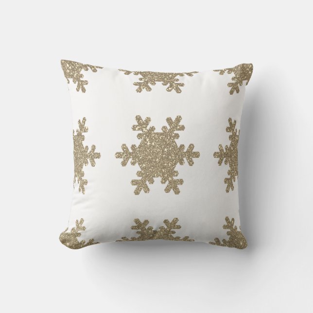 Gold Glitter Snowflake Pattern White Christmas Cushion (Front)