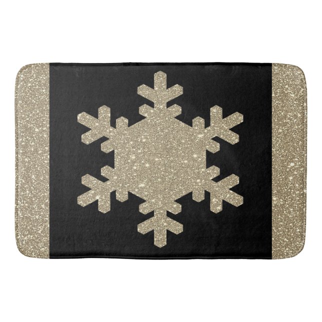Gold Glitter Snowflake Patterns Black Stylish Cute Bath Mat (Front)