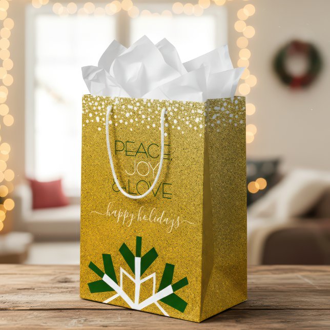 Gold Glitter Snowflake Peace Joy Love Typography Medium Gift Bag (Creator Uploaded)