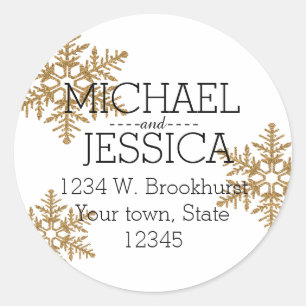 Gold Glitter Snowflake Personalised address Classic Round Sticker