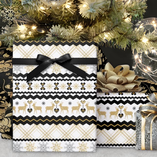Gold Glitter Snowflakes Black White Nordic Pattern Wrapping Paper (Creator Uploaded)
