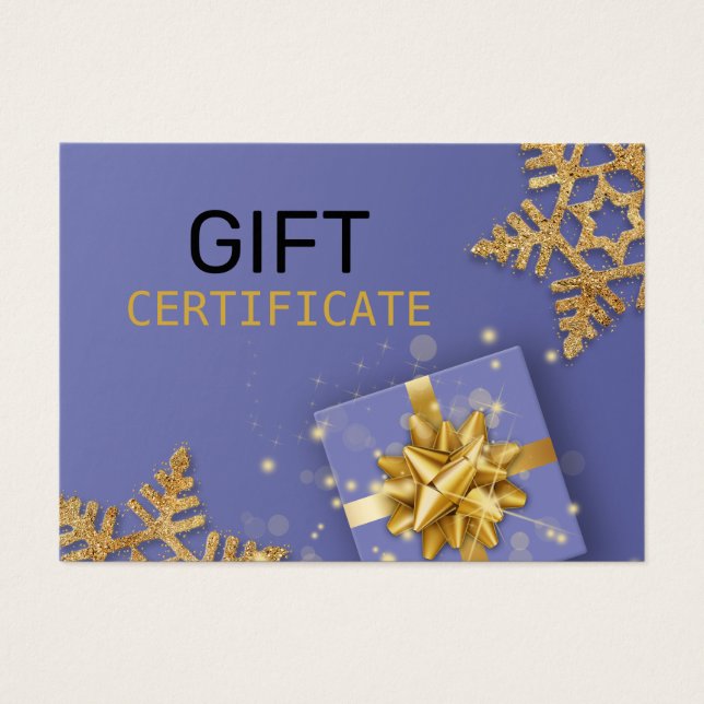 Gold Glitter Snowflakes Gift Bow Blue Gift Card (Front)