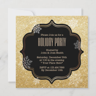 Gold Glitter Snowflakes Holiday Party Invitations