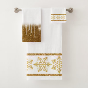 Gold Glitter Snowflakes on White Bath Towel Set