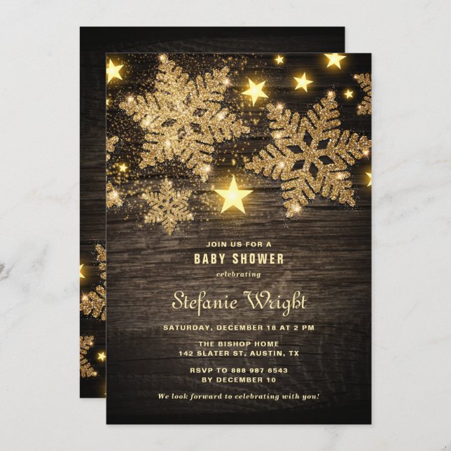Gold Glitter Snowflakes Rustic Baby Shower Invitation (Front/Back)