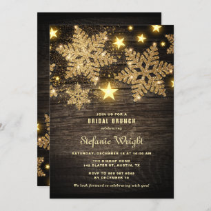 Gold Glitter Snowflakes Rustic Bridal Brunch Invitation